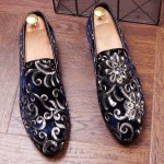 Blue Floral Sequins Mens Oxfords Loafers Dress Shoes Flats
