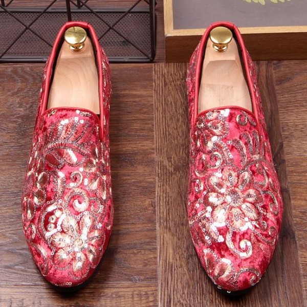 Red Velvet Sequins Embroidery Pattern Mens Oxfords Loafers Dress Shoes Flats