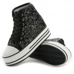 Black Glitter Bling Bling Lace Up High Top Platforms Hidden Wedges Sneakers Shoes