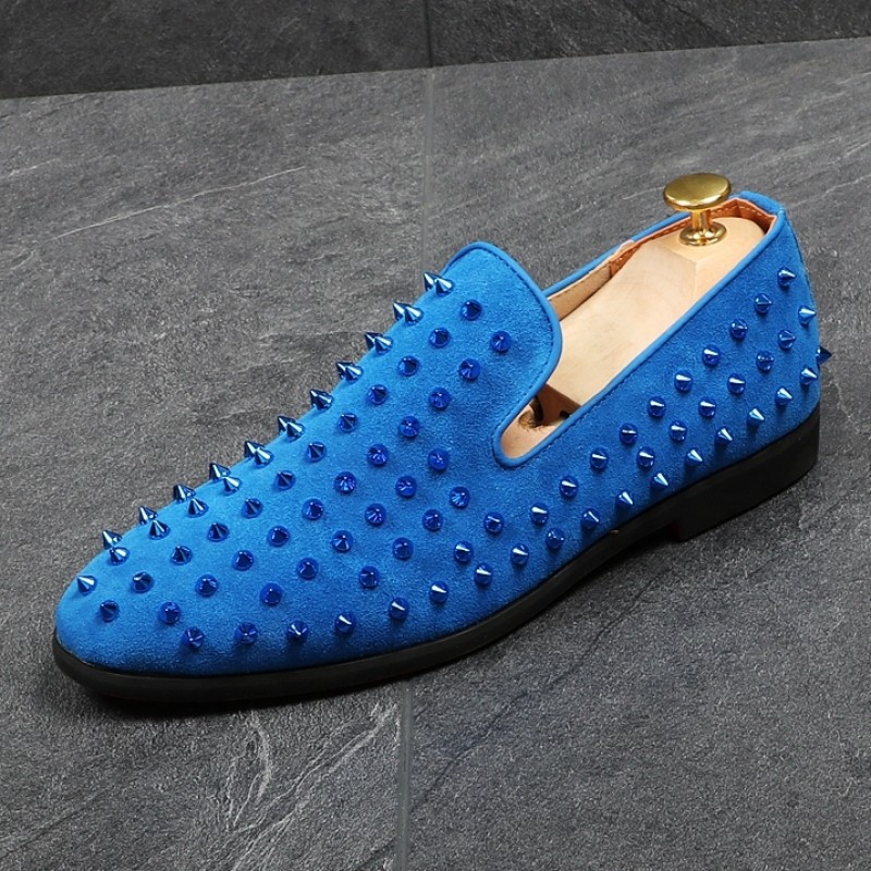 Blue Royal Suede Spike Studs Punk Rock Mens Loafers Flats