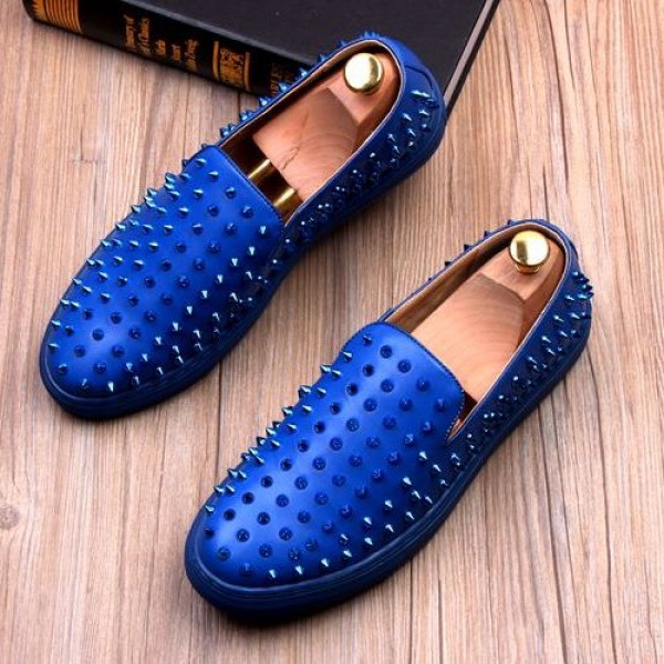 Blue Royal Metal Spikes Studs Punk Rock Loafers Sneakers Mens Shoes