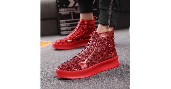 Silver Glitter Bling Bling Spikes Lace Up High Top Mens Sneakers Shoes