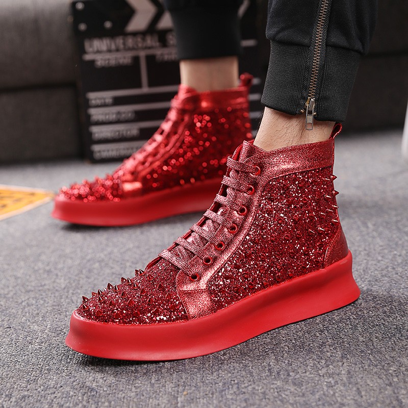 Red Glitter Bling Bling Lace Up High Top Mens Shoes