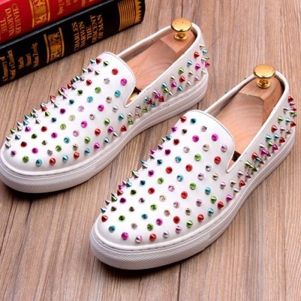 White Rainbow Metal Spikes Studs Punk Rock Loafers Sneakers Mens Shoes