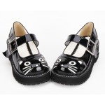 Black Patent Cat Face Mary Jane Lolita Thick Sole Platforms Creepers Flats Shoes