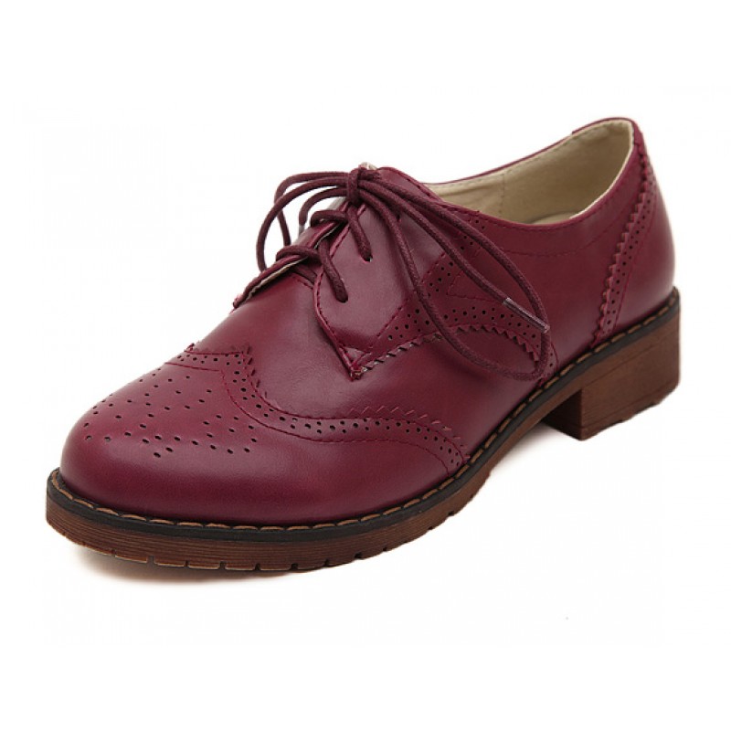 Burgundy Purple Leather Lace Up Vintage Womens Oxfords Flats 