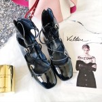 Black Patent Leather Strappy Ballerina Blunt Head Punk Rock Gothic High Heels Shoes
