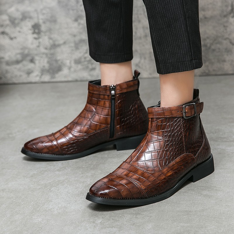 Brown Pointed Head Mens Strap Boots