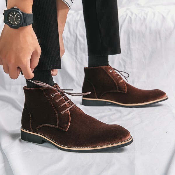 Brown Velvet Pointed Head Lace Up Mens Oxfords Ankle Business Shoes Boots