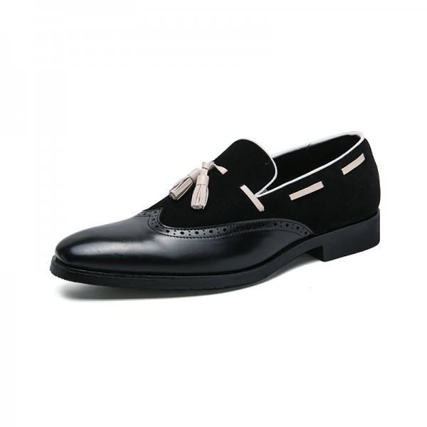 Black White Tassels WingTip Classy Mens Prom Loafers Shoes