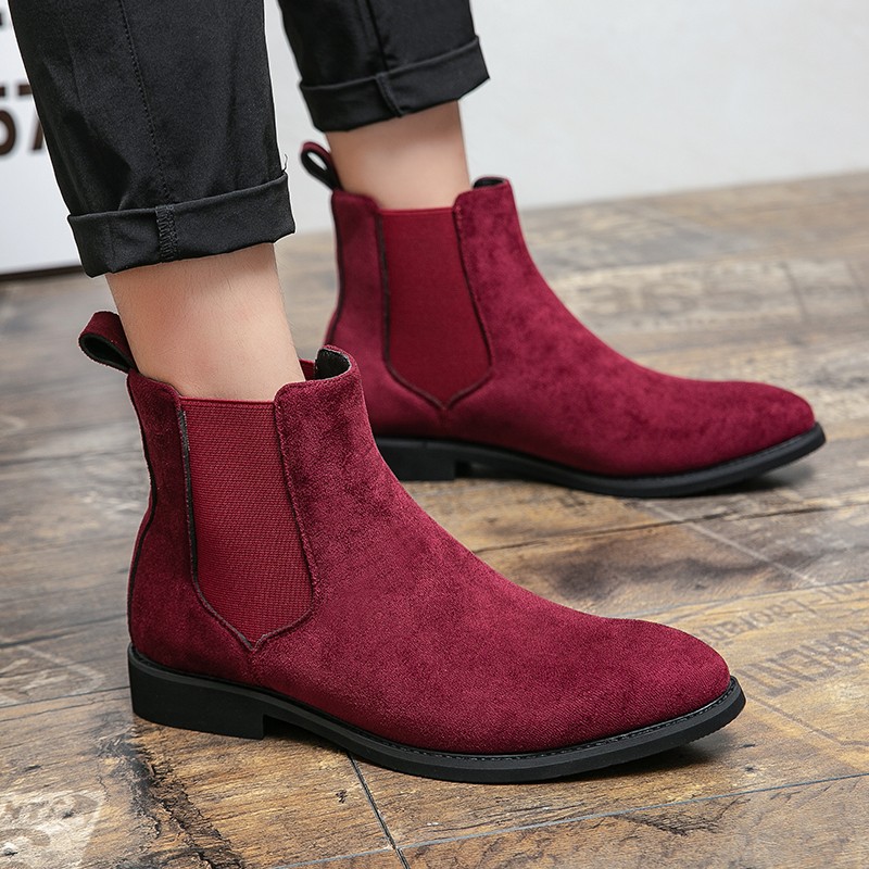 Burgundy Red Suede Vintage Mens Chelsea Ankle Boots Shoes