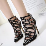 Black Suede Pointed Head Metal Studs Crisscross Hollow Out High Stiletto Heels Evening Shoes