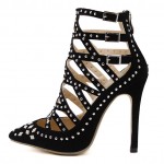 Black Suede Pointed Head Metal Studs Crisscross Hollow Out High Stiletto Heels Evening Shoes
