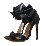 Black Satin Ribbons Strappy Lace Up Stiletto High Heels Sandals Shoes