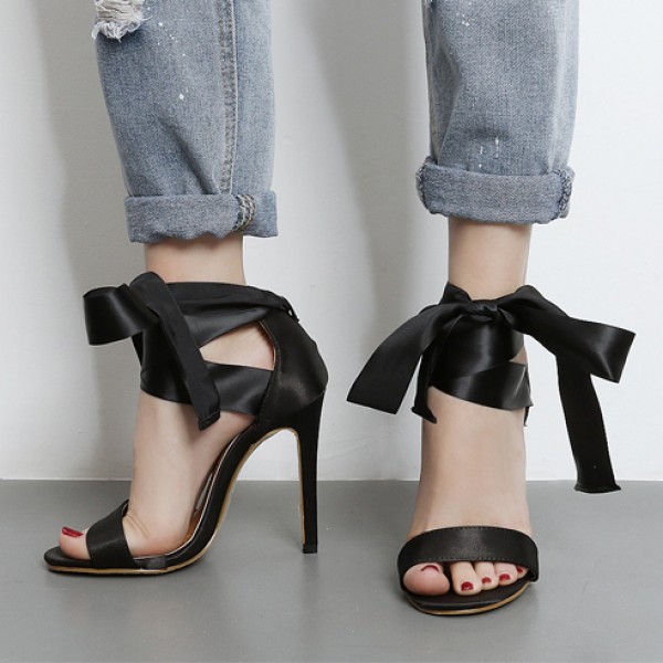 Black Satin Ribbons Strappy Lace Up Stiletto High Heels Sandals Shoes