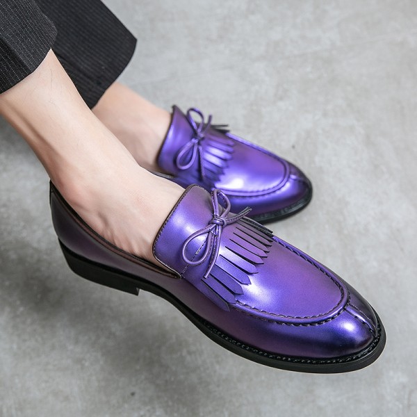 Purple Metallic Fringes Bow Baroque Mens Prom Party Loafers Shoes