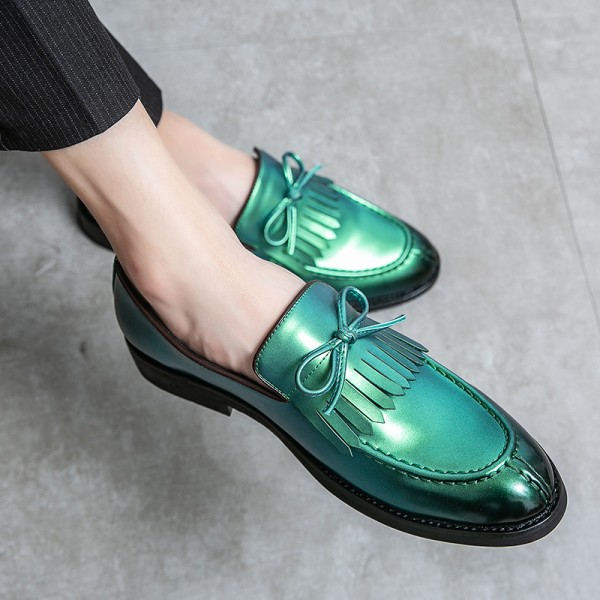 Green Metallic Fringes Bow Baroque Mens Prom Party Loafers Shoes