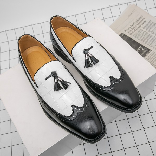 Black White Blunt Head Croc WingTip Baroque Tassels Mens Loafers Shoes