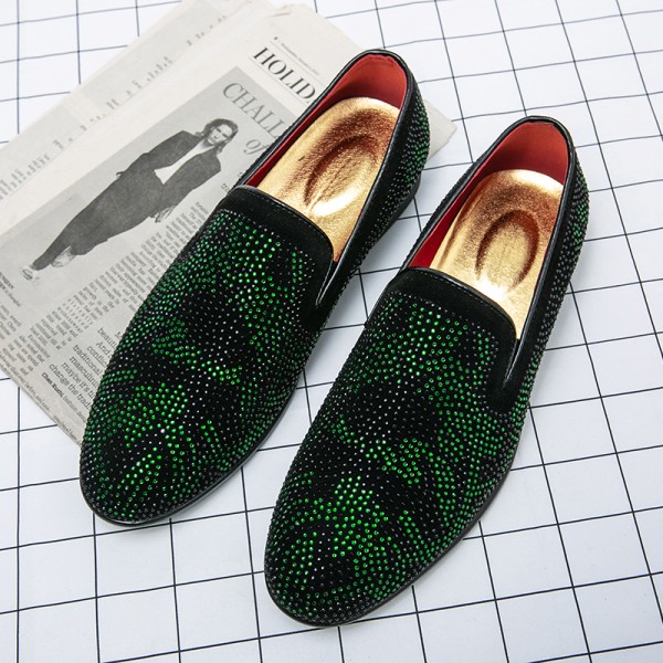 Black Green Diamantes Bling Bling Party Porm Mens Loafers Flats Shoes