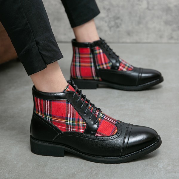 Black Red Tartan Plaid Scotland Checkers Lace Up Mens Ankle Boots Shoes