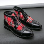 Black Red Tartan Plaid Scotland Checkers Lace Up Mens Ankle Boots Shoes