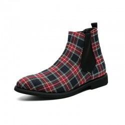 Red Tartan Plaid Scotland Checkers Mens Ankle Chelsea Boots Shoes