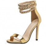 Gold Metallic Metal Chain Ankle Straps Stiletto High Heels Sandals Evening Shoes
