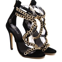 Black Suede Gold Metal Chain S Straps Stiletto High Heels Sandals Evening Shoes