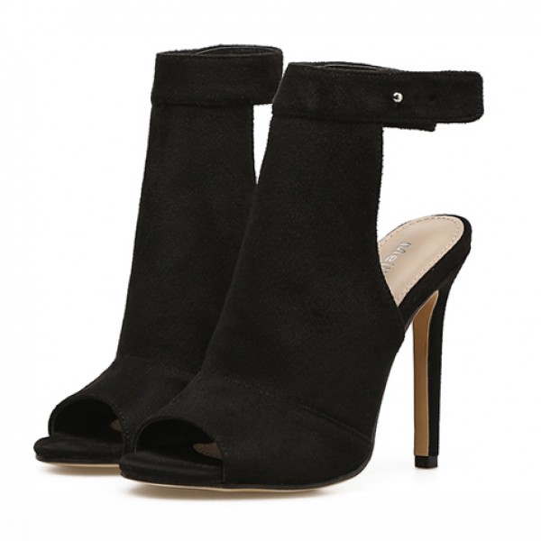 Black Suede Peeptoe Stiletto High Heels Sandals Evening Shoes