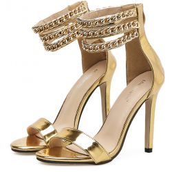 Gold Metallic Metal Chain Ankle Straps Stiletto High Heels Sandals Evening Shoes