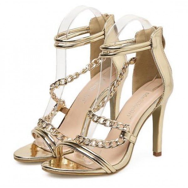 Gold Metallic Metal Chain S Straps Stiletto High Heels Sandals Evening Shoes