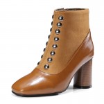 Brown Metal Studs Blunt Head High Heels Ankle Combat Boots Shoes