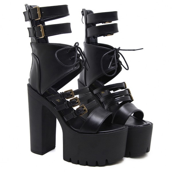 Black High Top Lace Up Straps Punk Rock Platforms High Heels Sandals Shoes