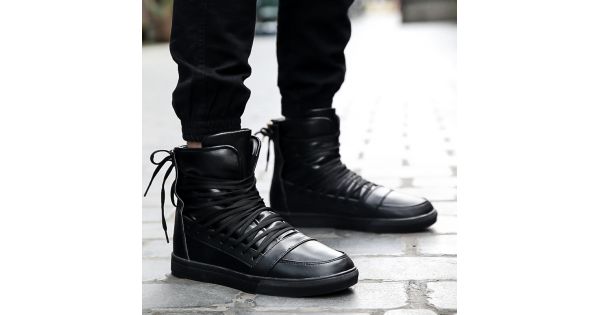 Black Straps Strappy High Top Mens Sneakers Shoes Boots