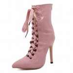 Pink Suede Point Head Ballerina Lace Up Rider Stiletto High Heels Boots Shoes
