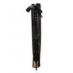 Black Suede Bird Cage Hollow Out Point Head Ribbons Stiletto High Heels Knee Boots