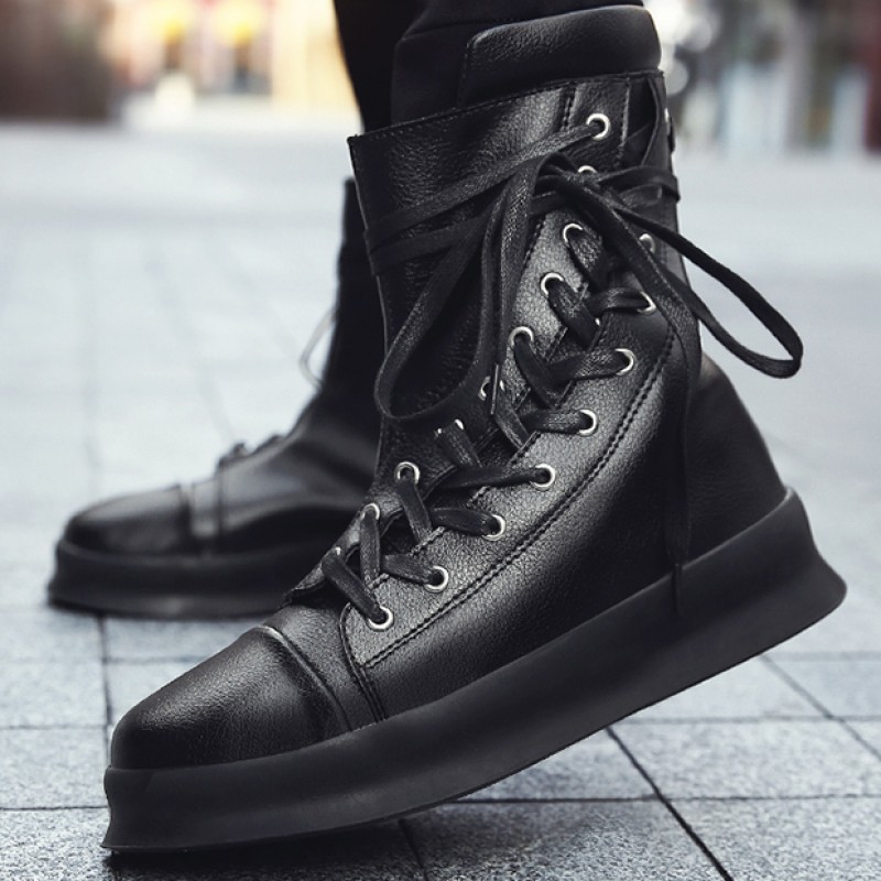 High Top Leather Boots for Mens Chunky Heels Ankle Boot Lace up Shoes Sneakers 