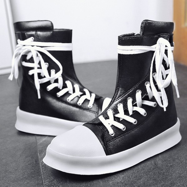 Black White Side Lace Up High Top Mens Sneakers Shoes Boots