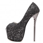 Grey Glitter Bling Bling Platforms Stiletto Peep Toe Super High Heels Shoes