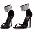 Black Suede Diamante Bling Bling Ankle Straps Evening Stiletto High Heels Sandals Shoes