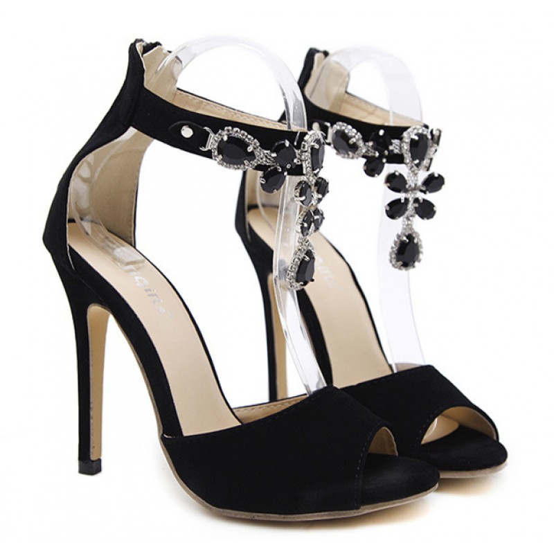 Black Strappy Diamante Gemstone Decor Open Toe Heels US 6-10 