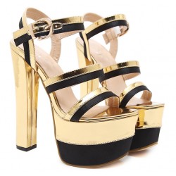 Gold Metallic Black Platforms Block Super High Heels Sandals Shoes