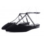 Black Suede Diamante Pointed Head Thin Straps Ballerina Ballets Sandals Flats Shoes