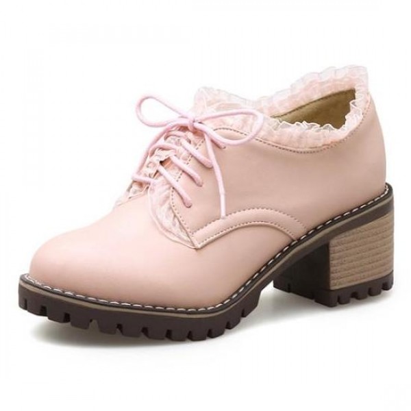 Pink Lace Ruffles Trim Lace Up High Heels Women Oxfords Shoes