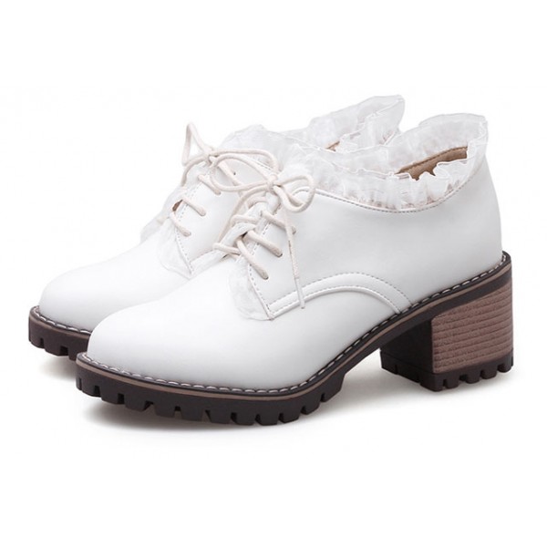 White Lace Ruffles Trim Lace Up High Heels Women Oxfords Shoes