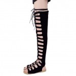 Black Suede Hollow Out Gladiator Long Knee Thigh Boots Sandals Flats Shoes