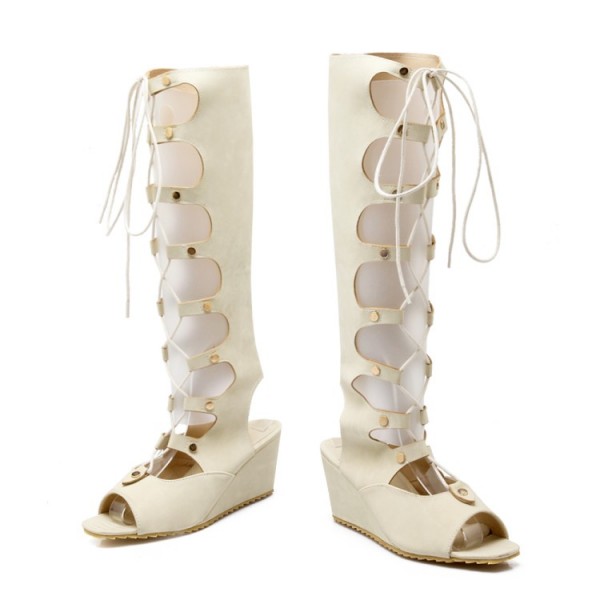 Cream Suede Hollow Out Gladiator Boots Sandals Flats Wedges Shoes