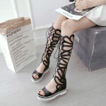 Black Butterfly Hollow Out Lace Up Wedges Gladiator Sandals Shoes