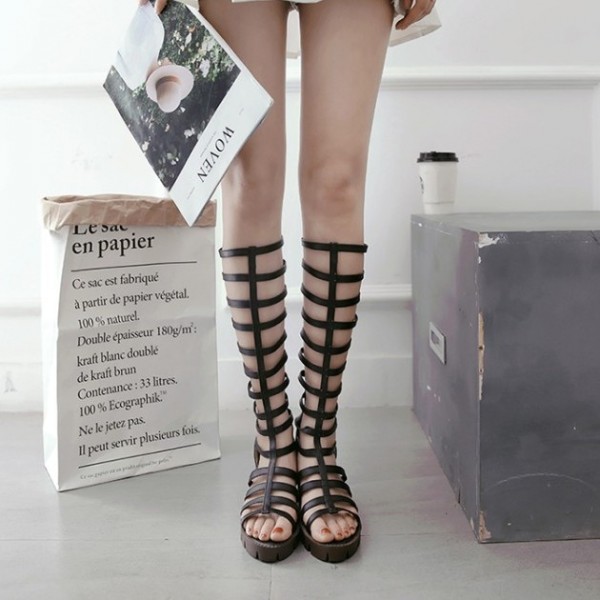 Black Thin Strappy Straps Cleated Sole Gladiator Boots Mid Heels Sandals Shoes