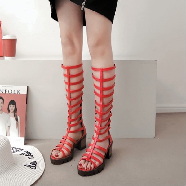 Red Thin Strappy Straps Cleated Sole Gladiator Boots Mid Heels Sandals Shoes